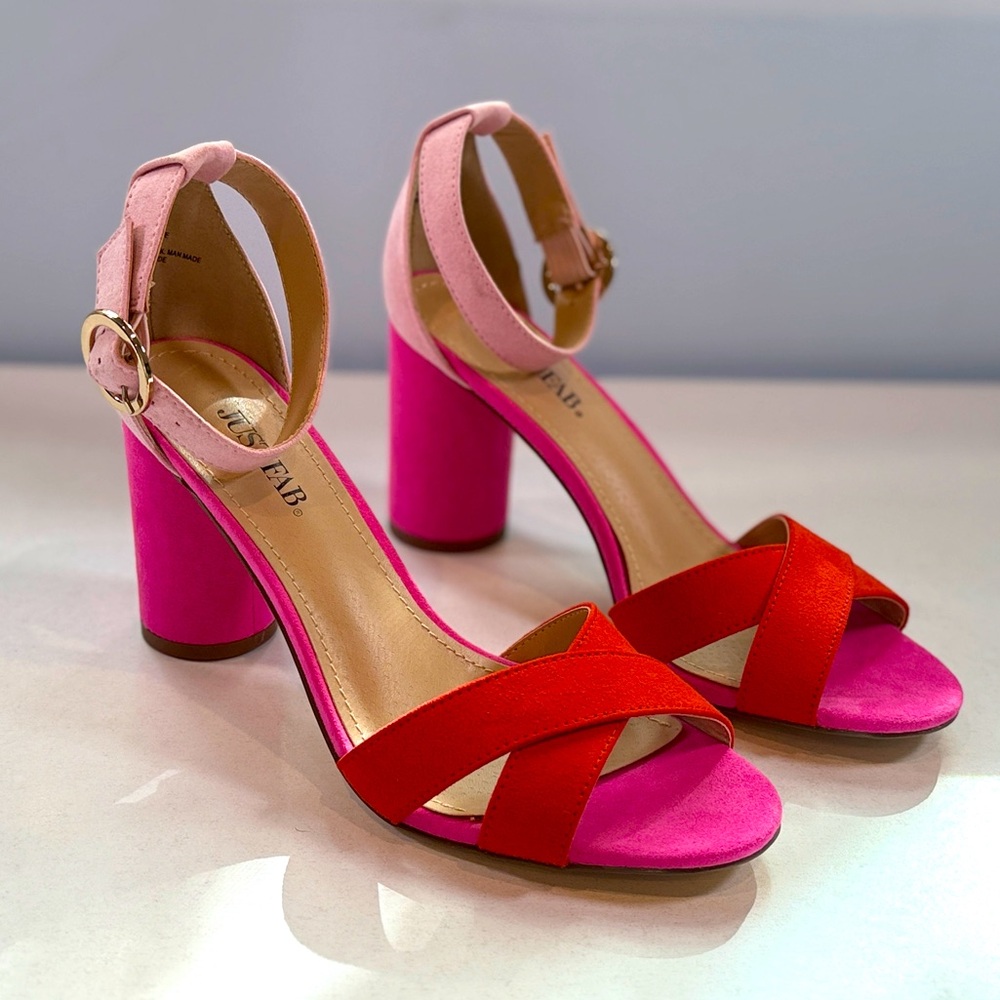 JustFab Pink and Red Kasia Dress Sandals 6.5